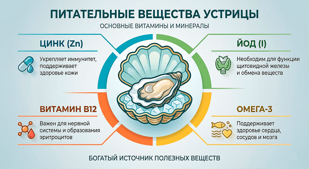 Полезные свойства морских деликатесов: богатый состав витаминов и минералов в каждой свежей устрице. Инфографика: полезные свойства и витамины в устрицах — цинк, йод, витамин B12, Омега-3