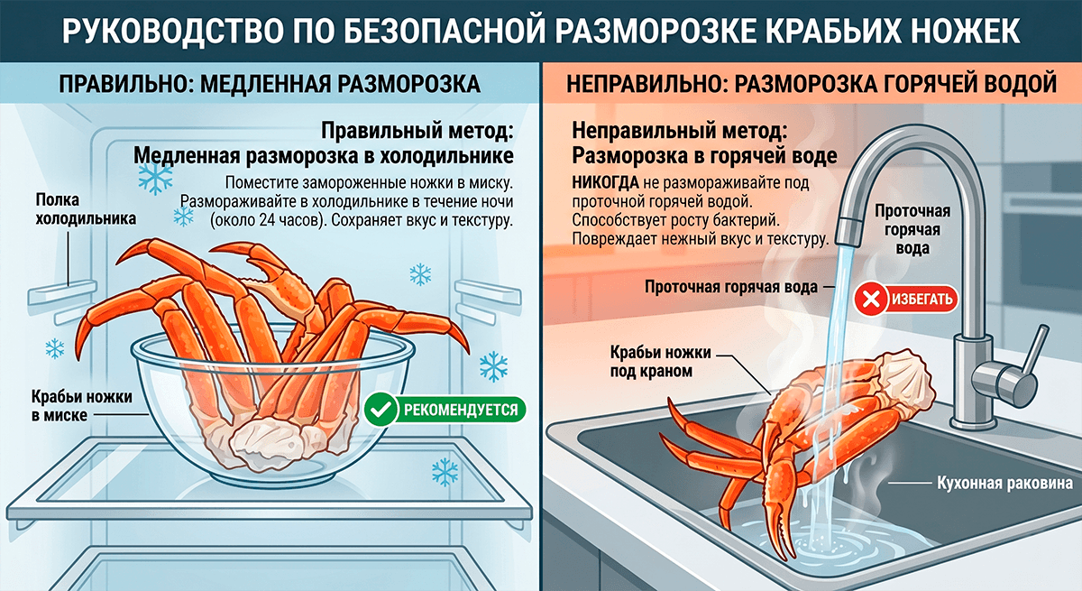 Иллюстрация разморозки краба в холодной воде