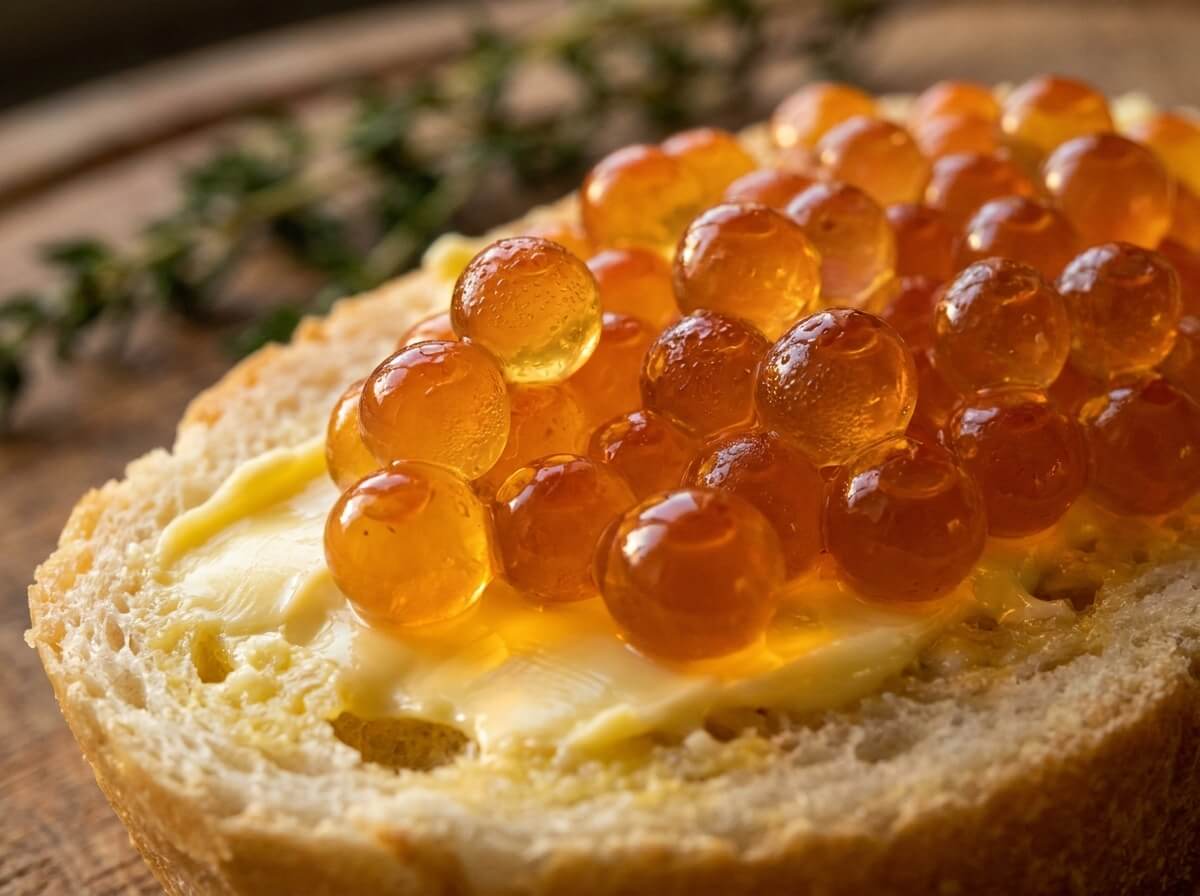 Крупная янтарная икра кеты на ломтике багета с маслом